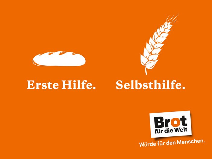 Zwei weiße Grafiken auf orangenen Hintergrund: Ein Brot mit dem Titel- Erste Hilfe und eine Weizenähre mit dem Titel-Selbsthilfe 